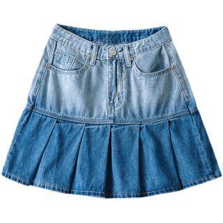 Pleated Gradient Denim Mini A-line Skirt