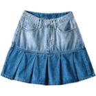 Pleated Gradient Denim Mini A-line Skirt