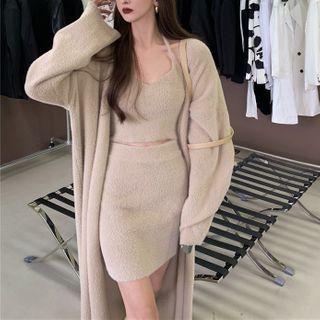 Long Cardigan / Spaghetti Strap Knit Top / Mini Fitted Skirt