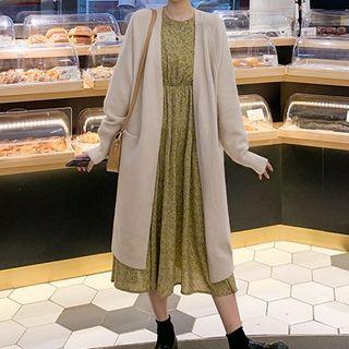 Open-front Midi Cardigan / Floral Print Long-sleeve Midi A-line Dress