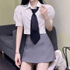 Set: Puff-sleeve Shirt + A-line Skirt + Neck Tie