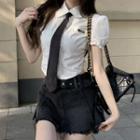 Short-sleeve Tie-neck Shirt / Denim Mini A-line Skirt