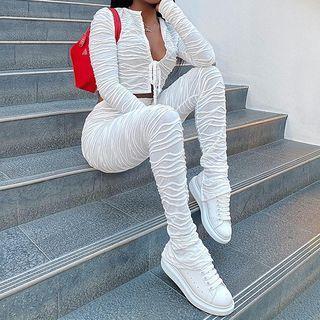 Set: Long-sleeve Patterned Lace-up Top + Skinny Pants