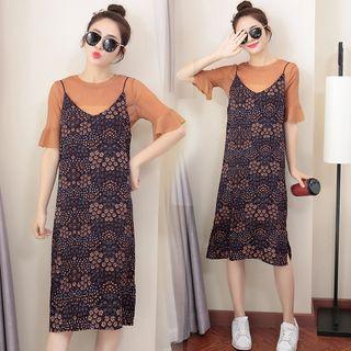 Set: Elbow-sleeve T-shirt + Printed Spaghetti Strap Dress