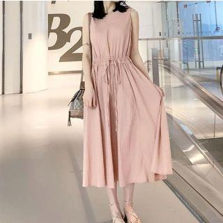 Plain Drawstring Sleeveless Midi A-line Dress