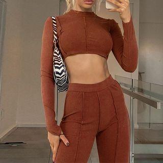 Set: Open Back Long-sleeve Crop Top + Wide-leg Pants