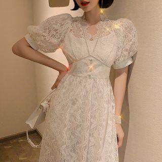 Puff-sleeve Midi A-line Lace Dress