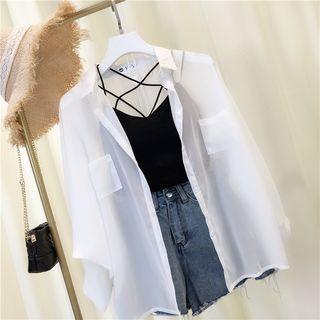Long-sleeve Plain Chiffon Cardigan White - One Size