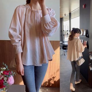 Shirred-trim Striped Blouse