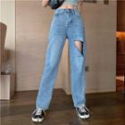 Washed Ribbed Straight-cut Jeans