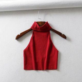 Sleeveless Mock-neck Knit Top Wine Red - One Size