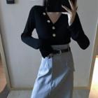 V-neck Knit Top / A-line Midi Skirt
