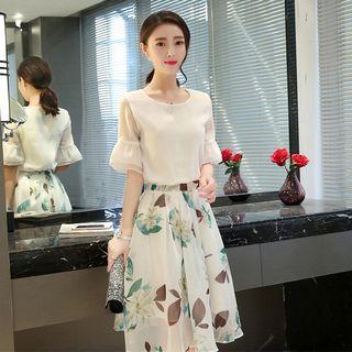 Set : Short-sleeve Chiffon Top + Print Skirt
