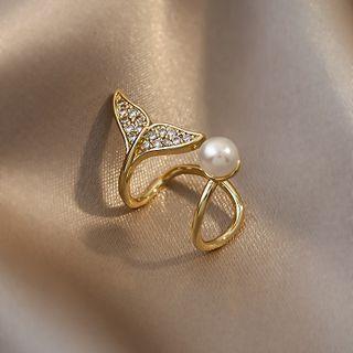 Faux Pearl Rhinestone Fish Tail Open Ring Gold - One Size