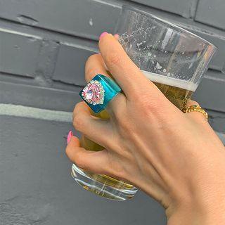 Rhinestone Heart Acrylic Bold Ring Blue - One Size
