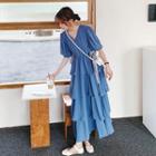 Elbow-sleeve V-neck Layered Maxi A-line Dress