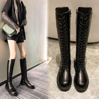 Faux Leather Lace Up Knee-high Tall Boots