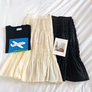 Plain Frilled Ruffled-trim High-waist Skirt