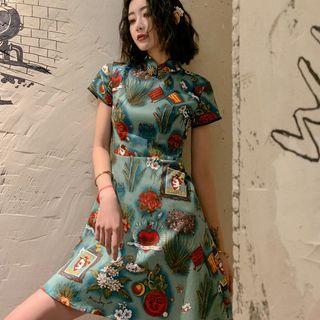 Printed Short-sleeve Qipao Green - S