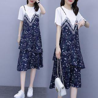 Mock Two-piece Floral Panel Short-sleeve Midi A-line Dress