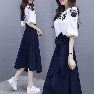 Set: Flower Embroidered Elbow-sleeve Blouse + Irregular Hem Midi A-line Skirt