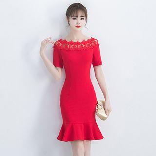 Crochet Lace Panel Short-sleeve Cocktail Dress