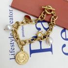 Embossed Disc Rhinestone Faux Pearl Alloy Bracelet Gold - One Size