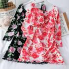 Boatneck Flower-print Knotted Mini Dress