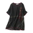 Short-sleeve Patterned Embroidered Washed T-shirt Black - M
