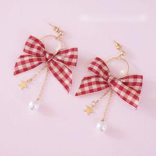 Faux Pearl Plaid Bow Drop Earring