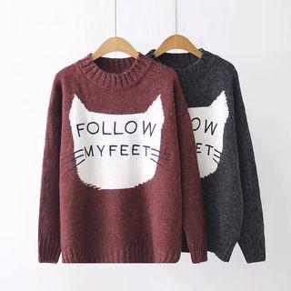 Cat Print Lettering Sweater