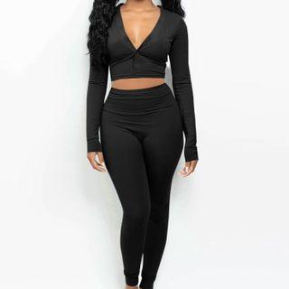 Set: Long-sleeve V-neck Cropped Top + Pants
