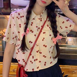 Short-sleeve Cherry Print Shirt White & Red - One Size