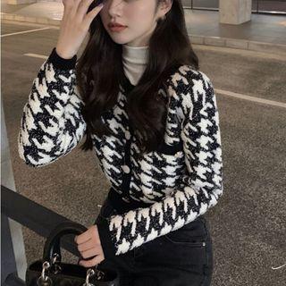 Long-sleeve Houndstooth Mini Knit Dress / Houndstooth Cardigan / Mini Houndstooth Knit Skirt