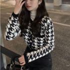 Long-sleeve Houndstooth Mini Knit Dress / Houndstooth Cardigan / Mini Houndstooth Knit Skirt