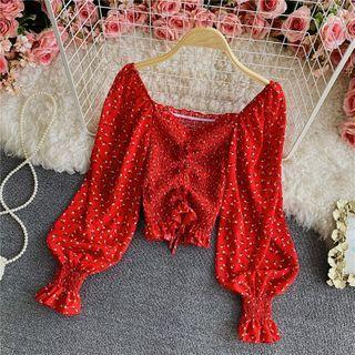 V-neck Drawstring Puff-sleeve Blouse