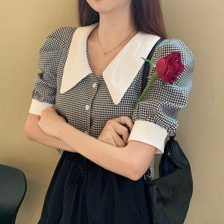 Short-sleeve Color Block Peter Pan Collar Plaid Shirt