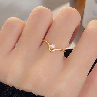 Faux Pearl V Shape Alloy Open Ring Silver - One Size