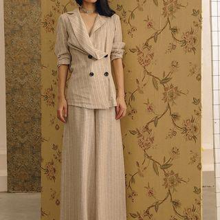 Set: Collared Stripe Button Blazer + Stripe Wide-leg Pants