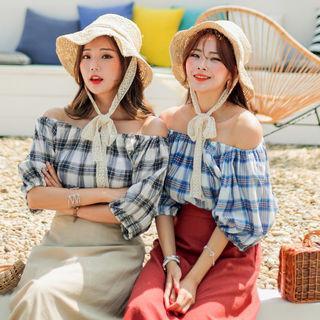 Off-shoulder Puff-sleeve Plaid Top