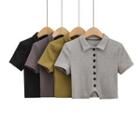 Short-sleeve Collar Button-up Knit Top / Mini Pencil Skirt