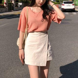 Short Sleeve V-neck Tee / Wrap Front A-line Skirt