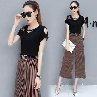 Set: Open Shoulder Short-sleeve T-shirt + Wide Leg Pants