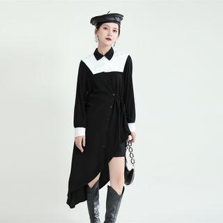 Two-tone Panel Irregular Midi Shirtdress Black - One Size