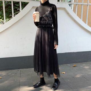 Spaghetti-strap Tweed Panel Midi Mesh Dress
