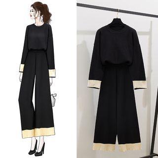 Set: Color Block Sweater + Wide-leg Pants As Shown In Figure - One Size