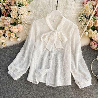 Plain Chiffon Long-sleeve Shirt White - One Size