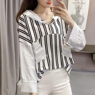 Hooded Long-sleeve Striped Panel Top