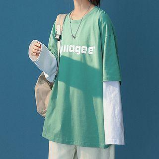 Mock Two-piece Lettering Print Oversized Sweatshirt