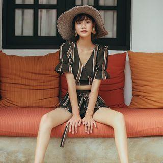 Set: Striped Short-sleeve Crop Top + Shorts